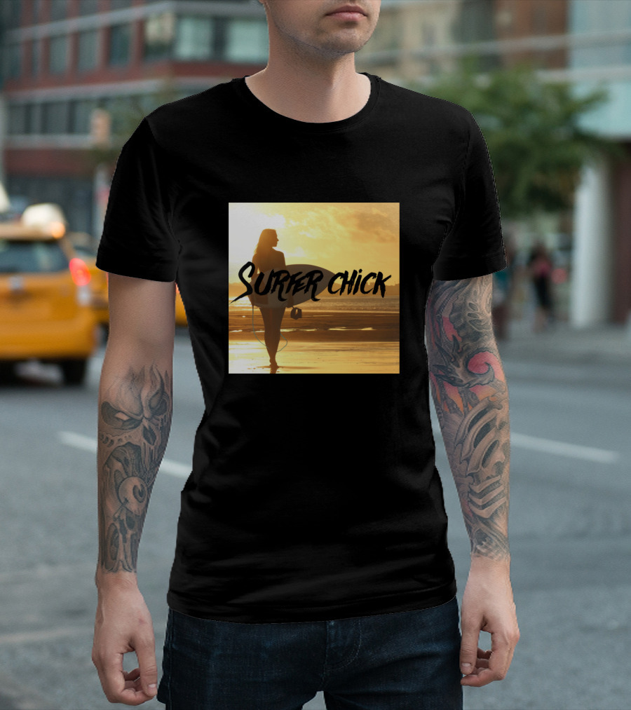 Surfer Chick Sunset Silhouette On Beach T-Shirt
