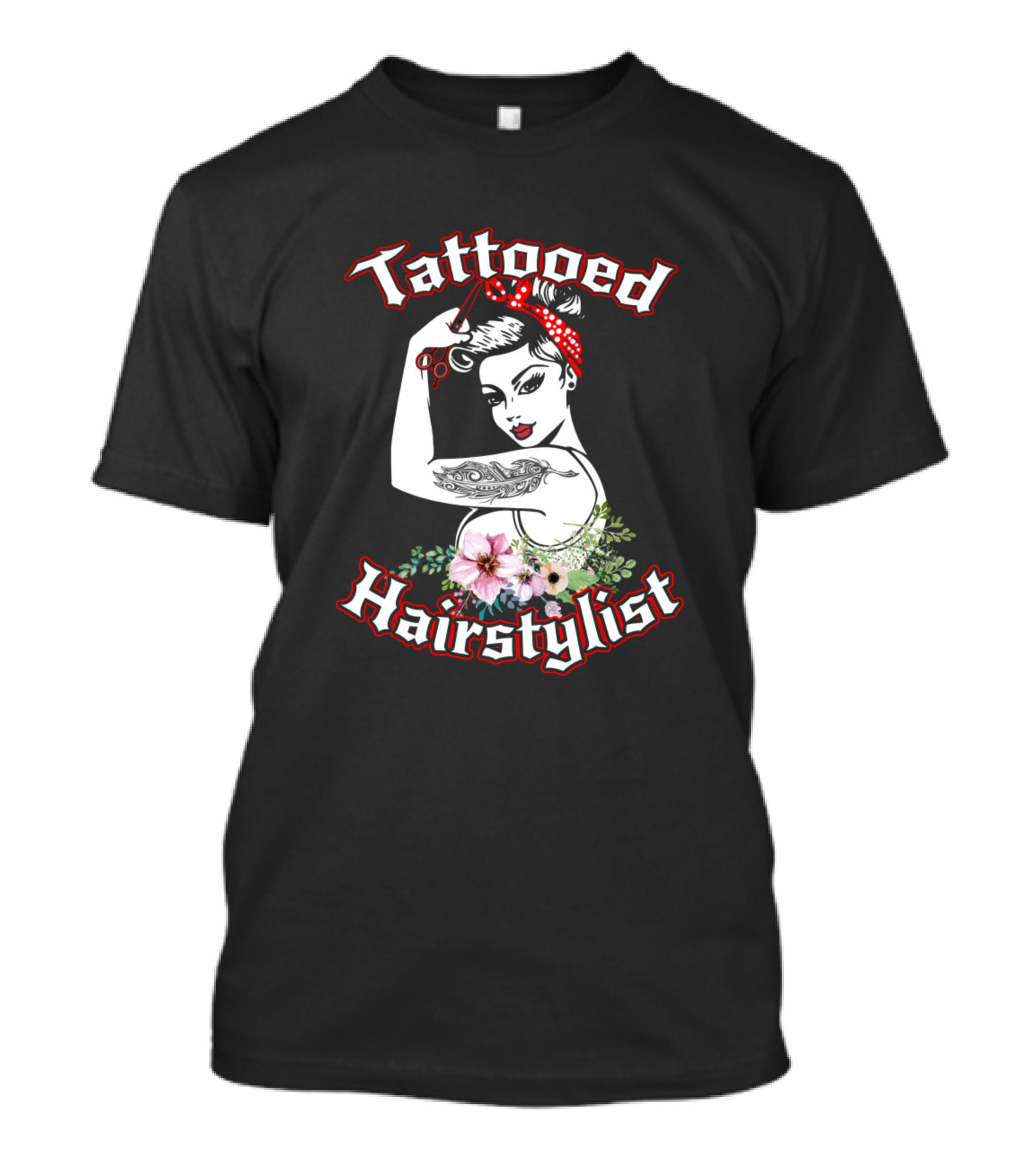 Tattooed Hairstylist Vintage Pin-Up Floral Scissors T-Shirt
