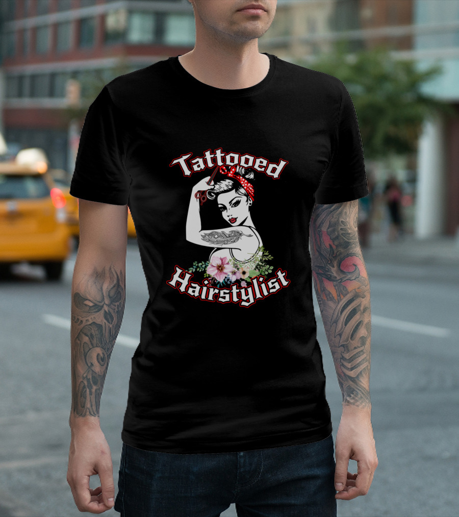 Tattooed Hairstylist Vintage Pin-Up Floral Scissors T-Shirt