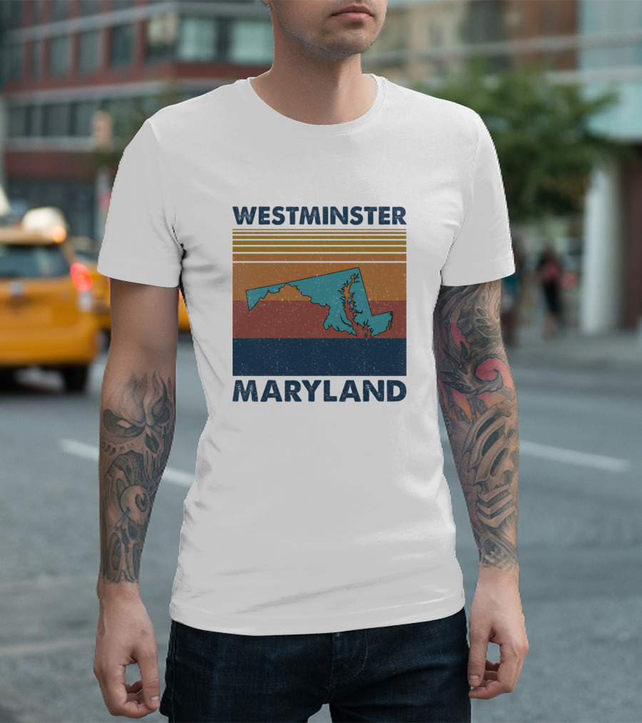 Westminster Maryland Retro Maryland State Map Sunset Stripes T-Shirt