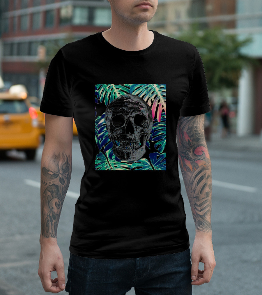 Tropical Shakespeare Skull with Colorful Palm Leaves T-Shirt