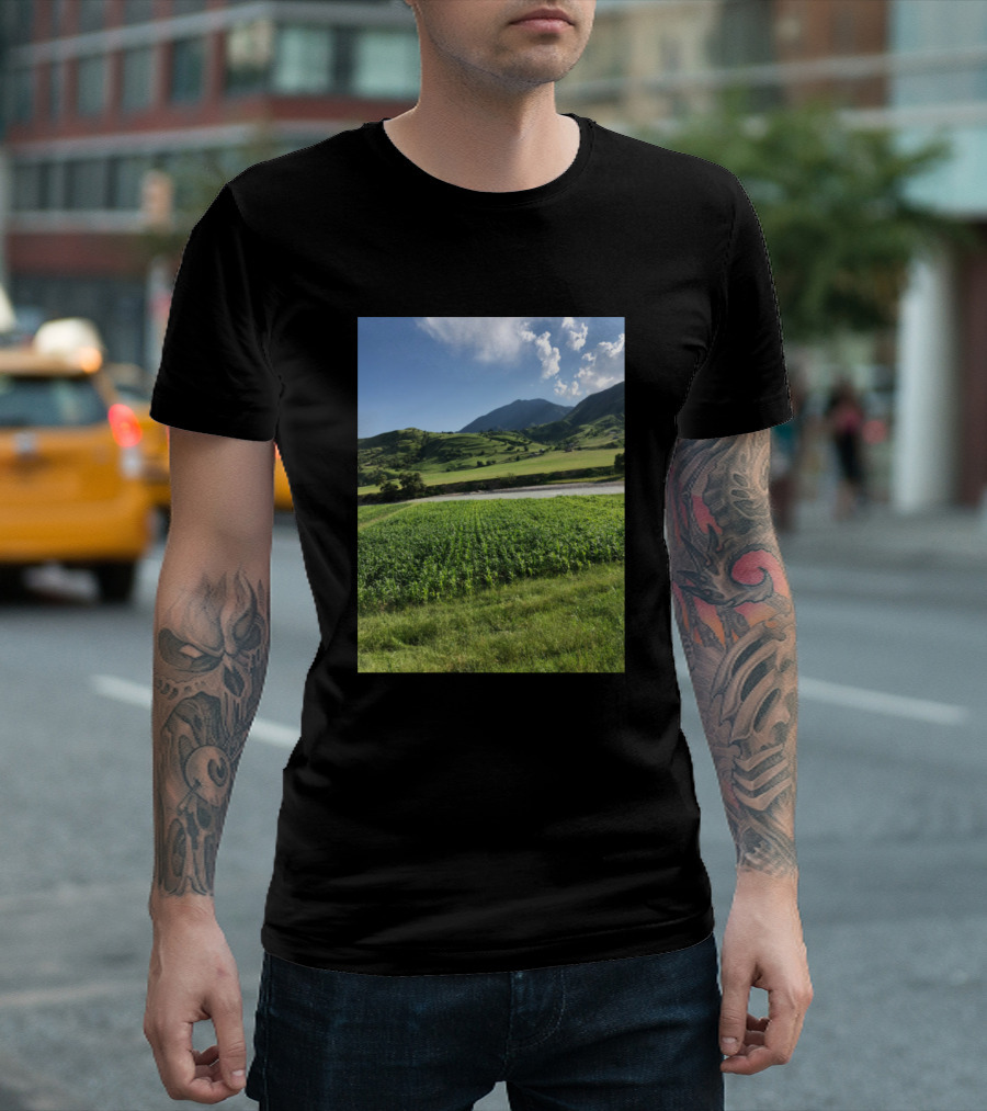 Greenery With River and Mountain Landscape Nature Photography T-Shirt