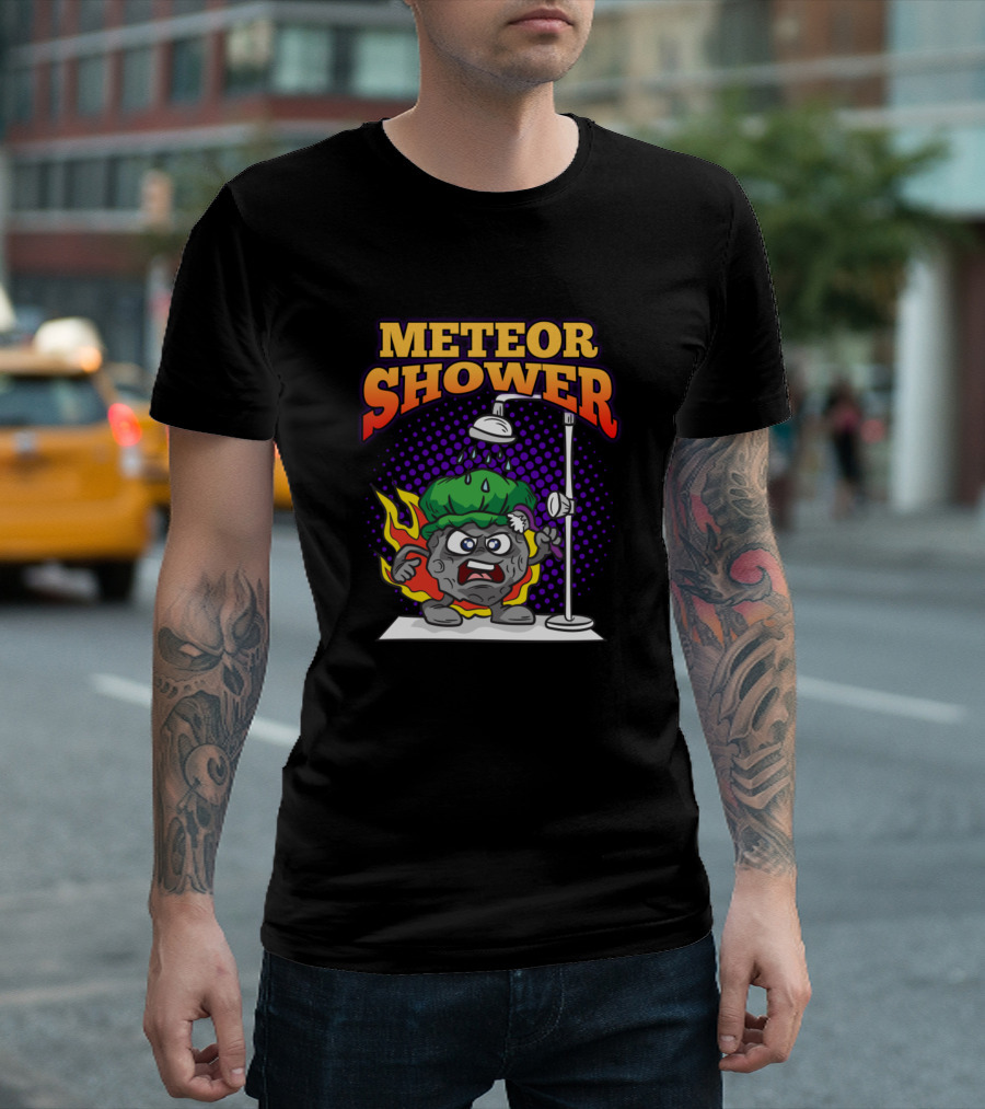 Meteor Shower Cartoon with Rock Character Under Showerhead T-Shirt