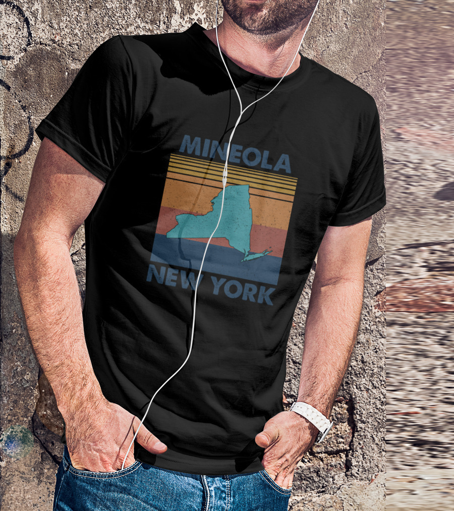 Mineola New York Vintage State Silhouette Retro Stripe T-Shirt