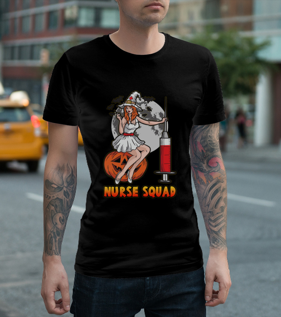 Nurse Squad Halloween Witch with Pumpkin and Syringe T-Shirt