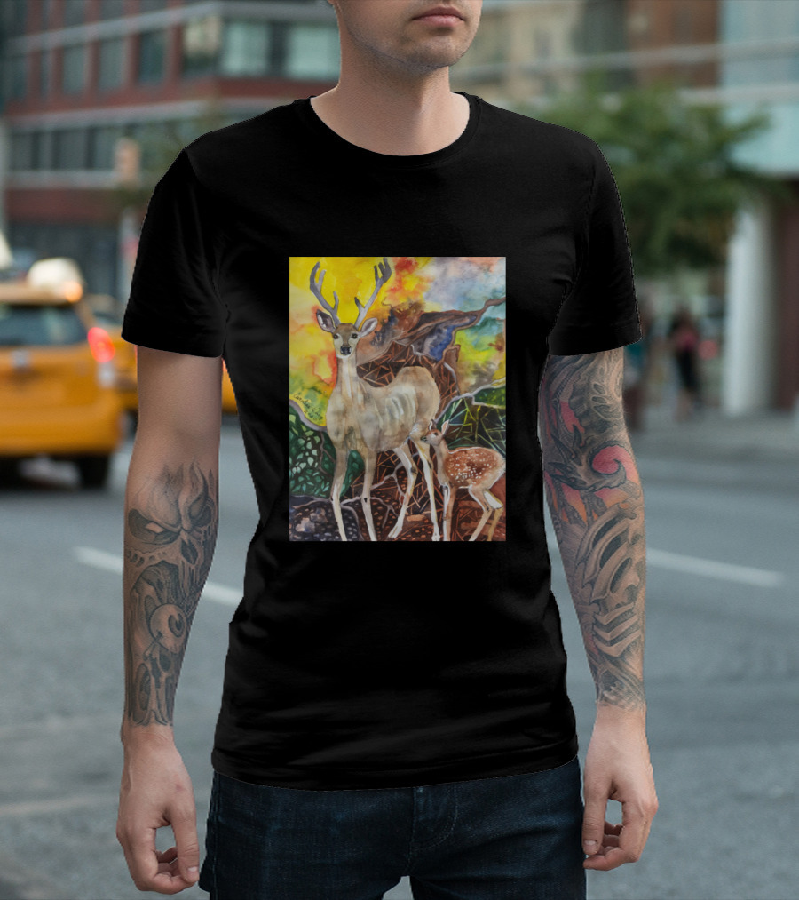 Patricias Deer Mother and Fawn in Vibrant Forest Scene T-Shirt