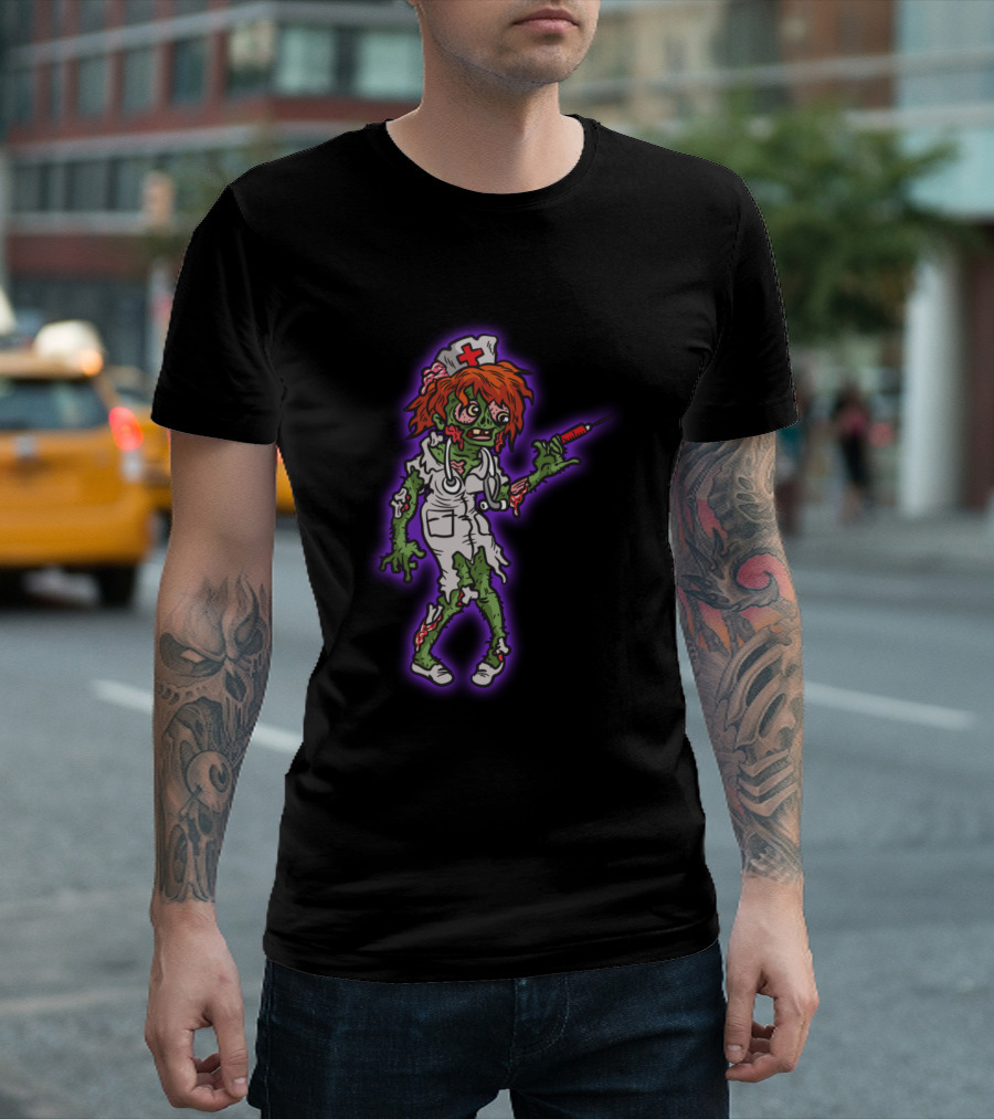 Scary Zombie Nurse with Syringe and Tattered Uniform T-Shirt