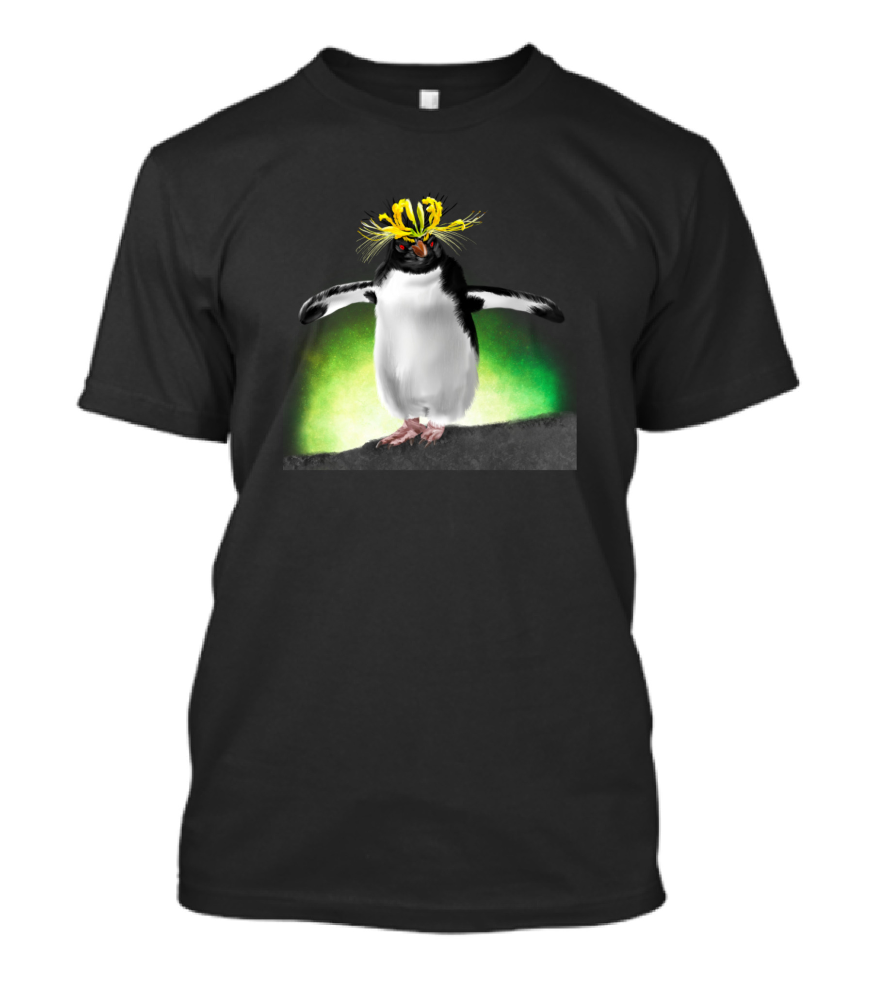 Southern Rockhopper Penguin Wearing Yellow Spider Lily T-Shirt
