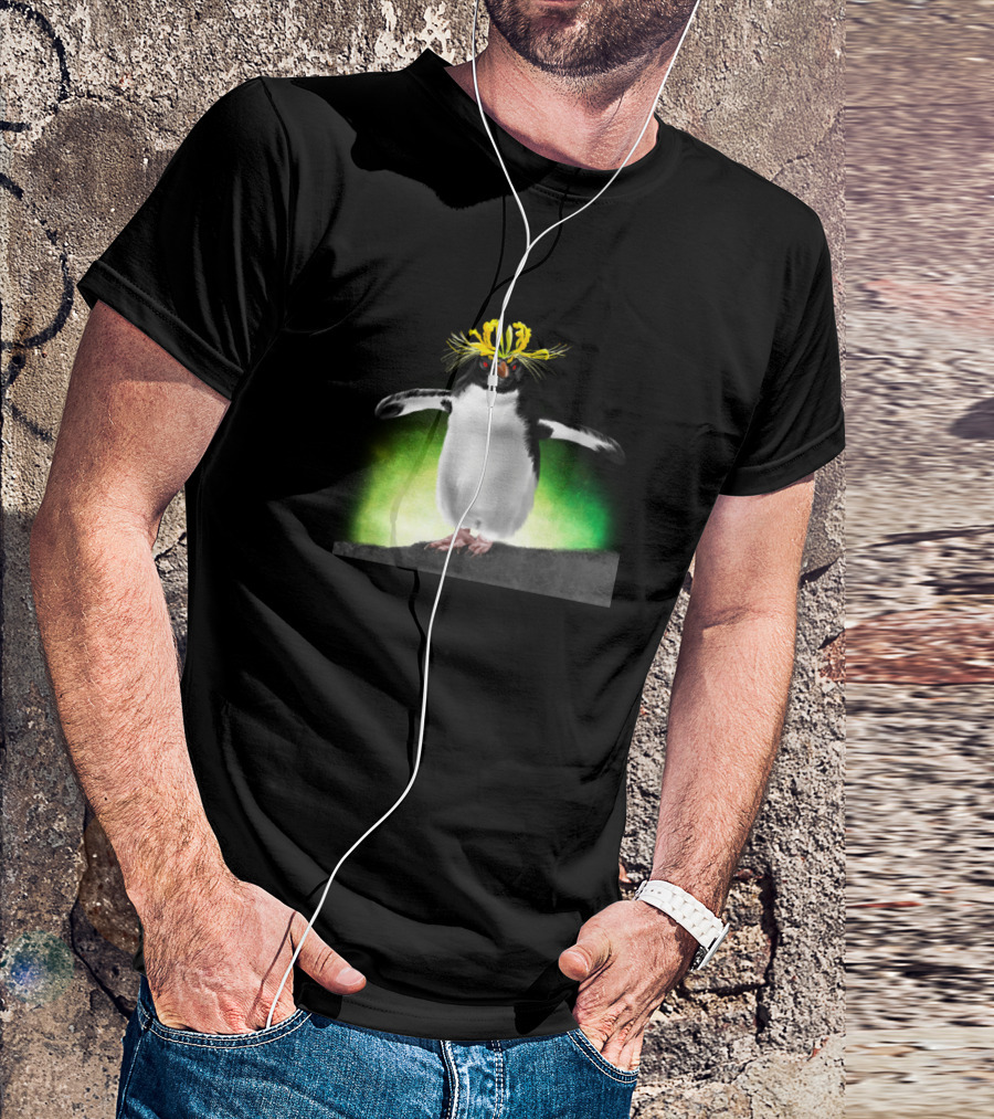 Southern Rockhopper Penguin Wearing Yellow Spider Lily T-Shirt