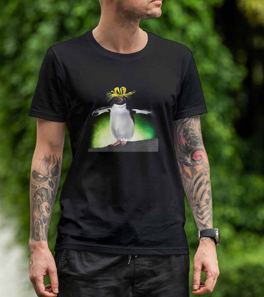 Southern Rockhopper Penguin Wearing Yellow Spider Lily T-Shirt