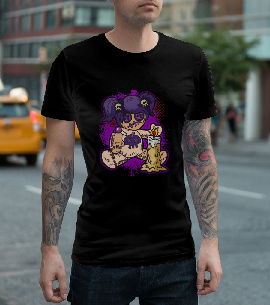 Gothic Voodoo Doll with Candle and Purple Skull Accents T-Shirt