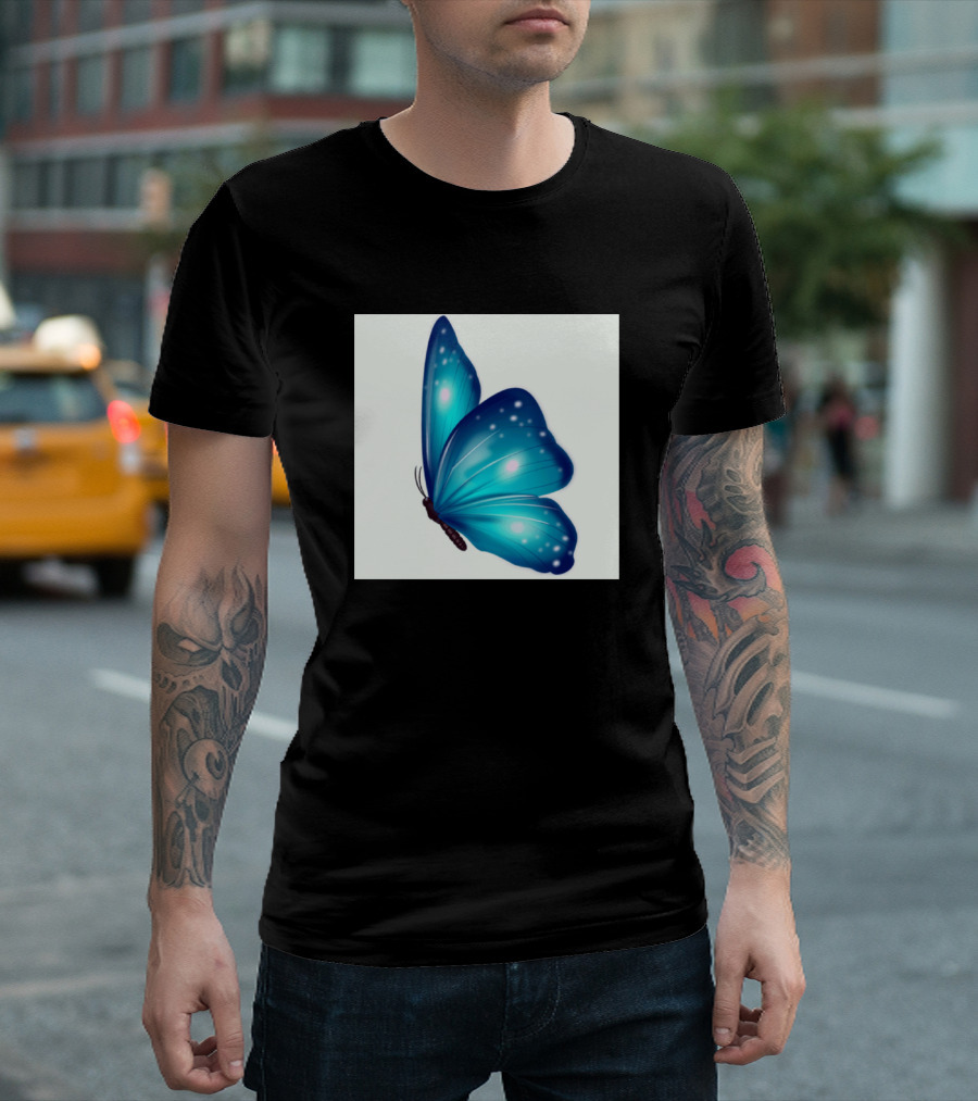 Aqua Teal and Black Butterfly with Luminescent Spots T-Shirt
