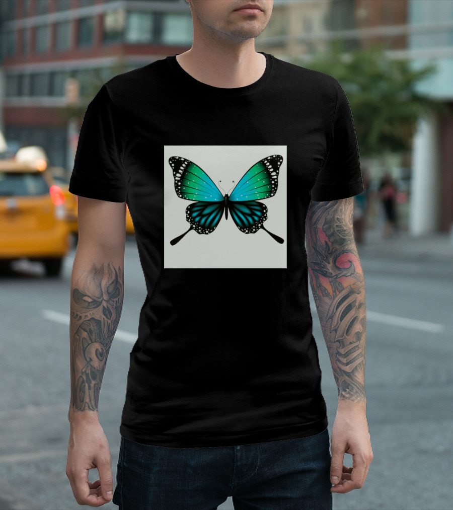 Aqua Teal White And Black Butterfly With Gradient Wings T-Shirt
