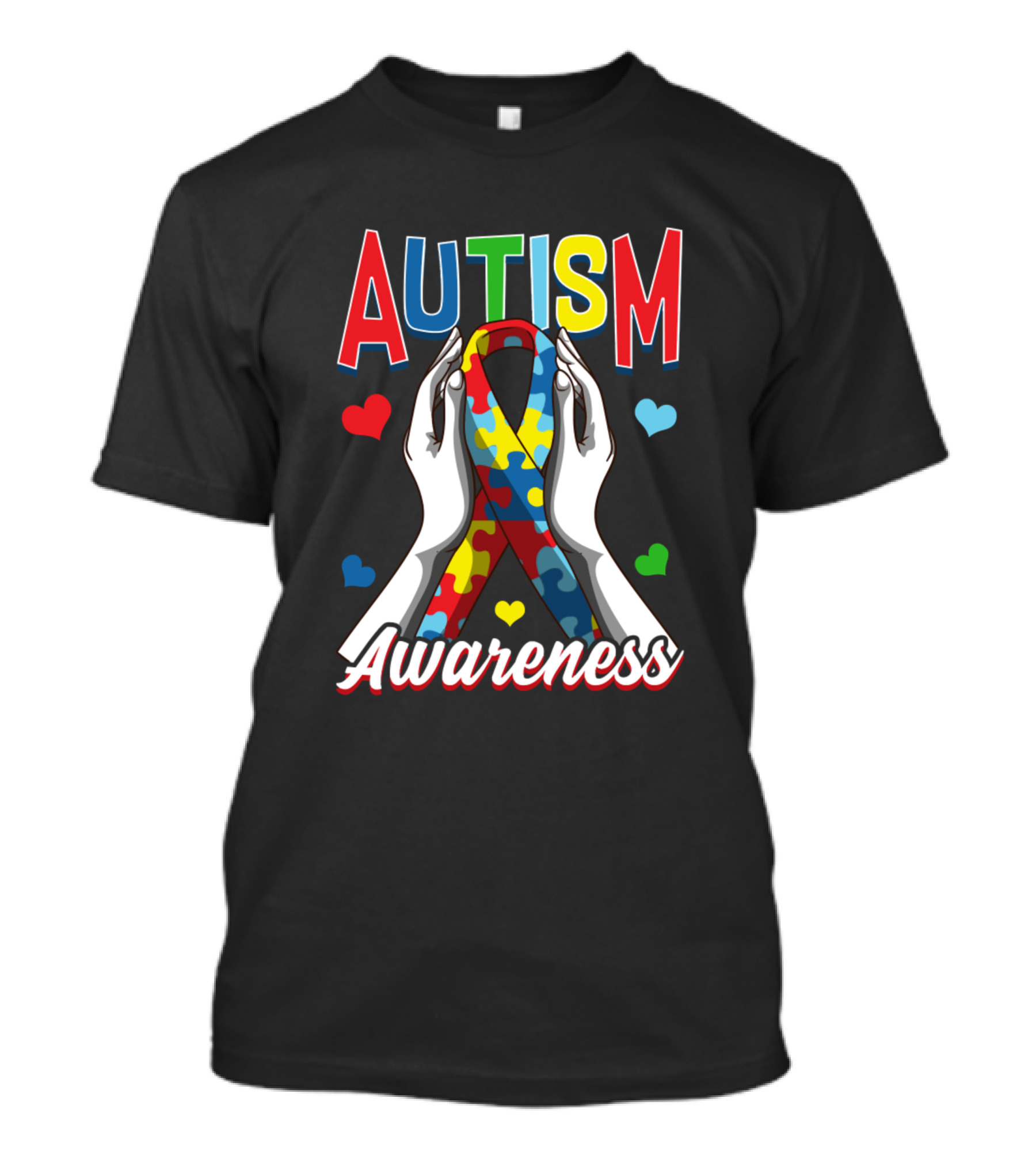 Autism Awareness Colorful Puzzle Ribbon With Hearts And Hands T-Shirt