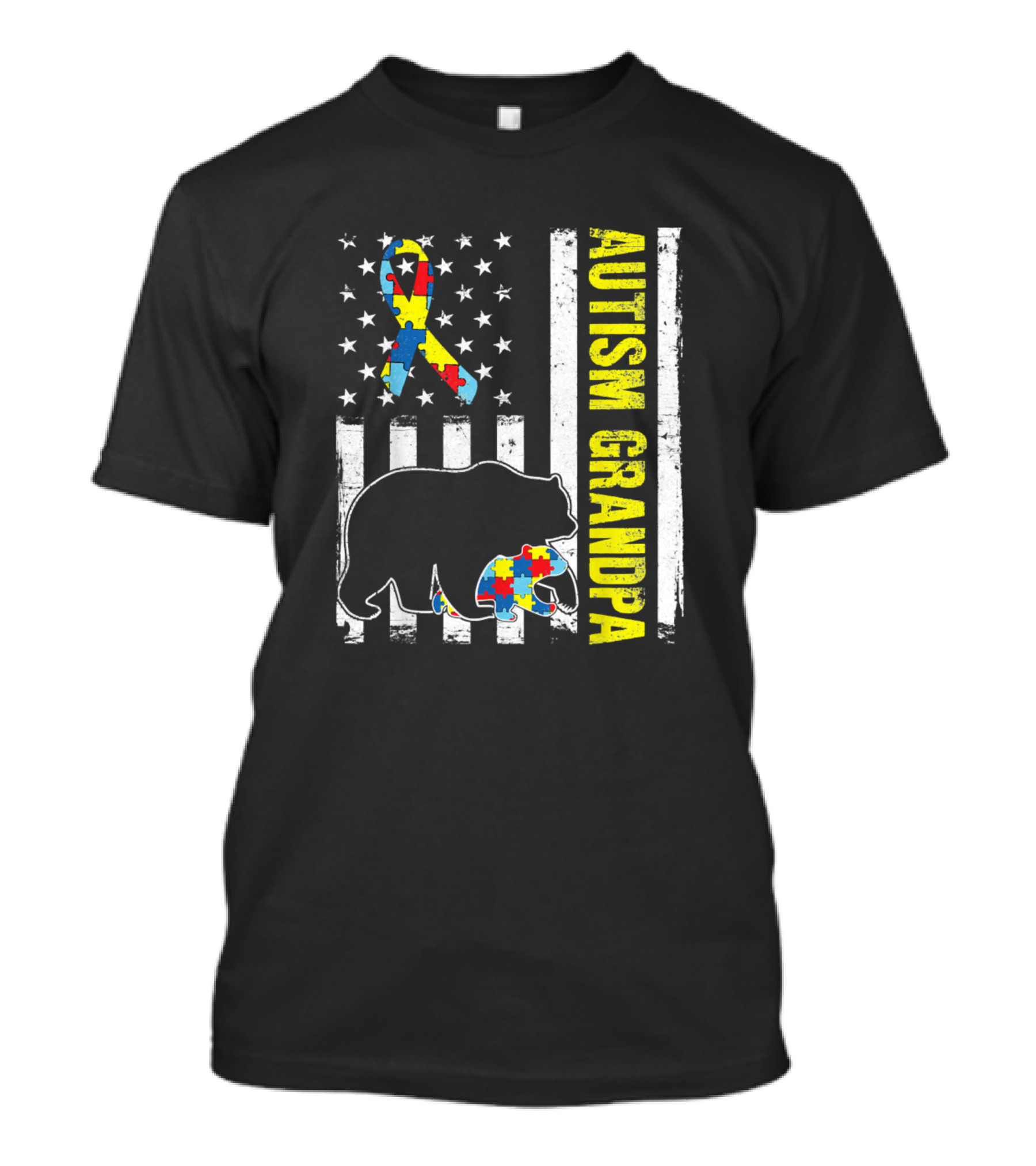 Autism Grandpa Puzzle Bear USA Flag T-Shirt