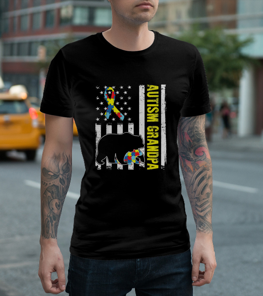 Autism Grandpa Puzzle Bear USA Flag T-Shirt
