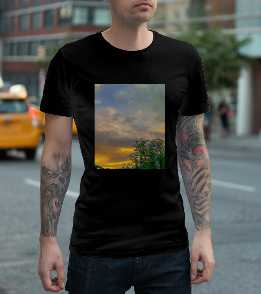 Blue And Yellow Summer Sunset Scenic View With Puffy Clouds And Verdant Trees T-Shirt