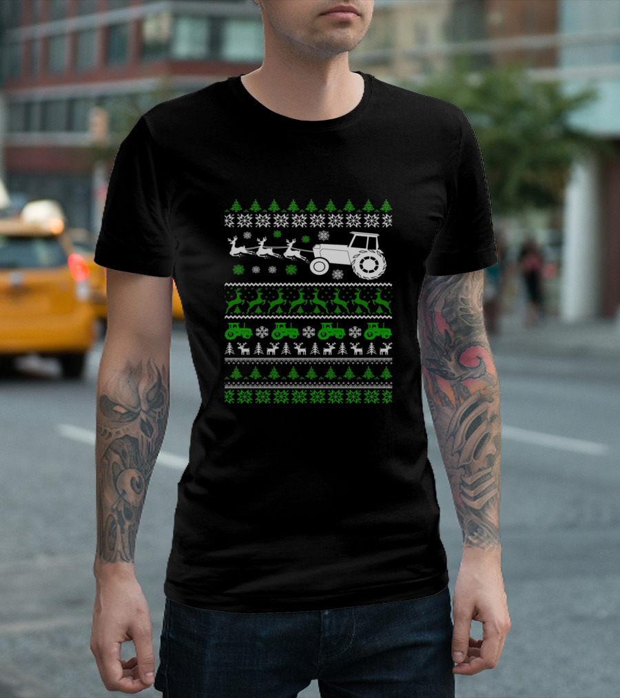 Tractor and Reindeer Holiday Pattern with Snowflakes and Trees T-Shirt