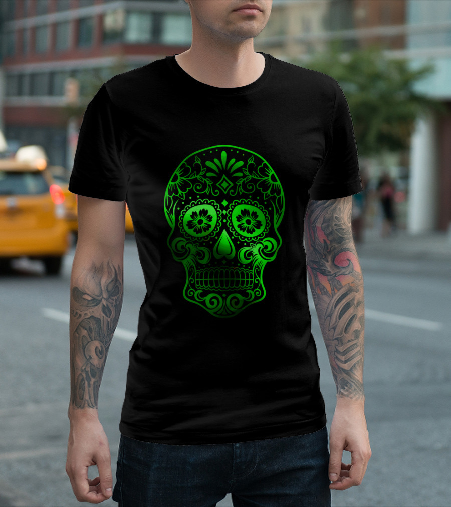Dia De Muertos Green Sugar Skull Floral T-Shirt