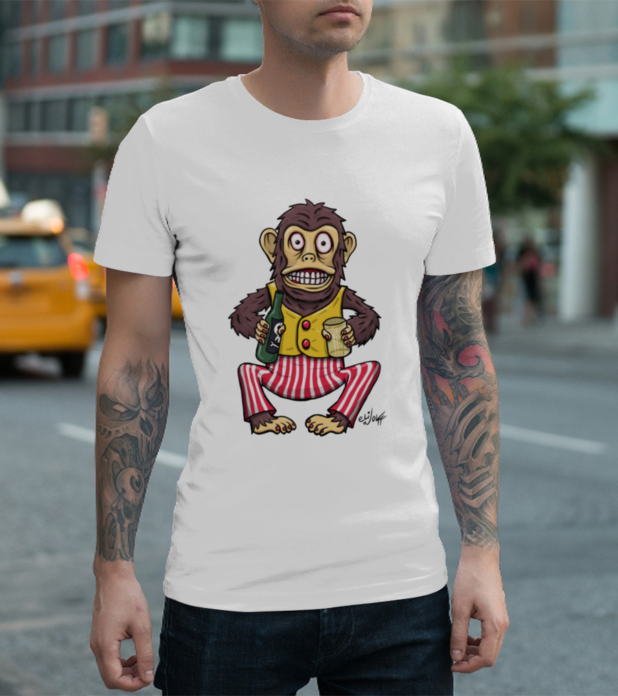 Drunk Monkey with Bottle and Glass in Striped Pants T-Shirt