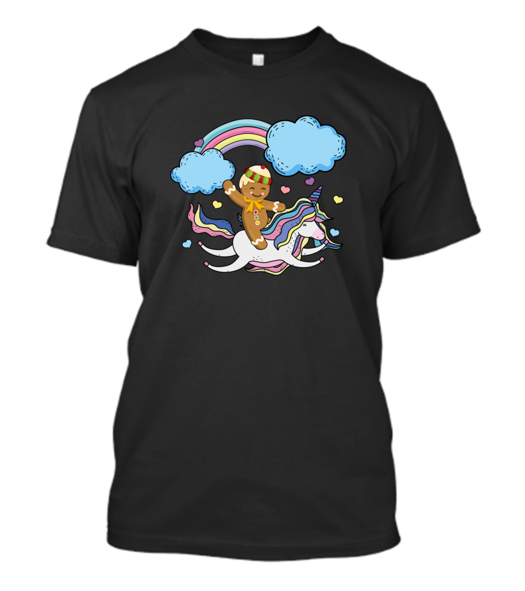Gingerbread Man Riding A Unicorn Christmas Celebration With Rainbow And Clouds T-Shirt