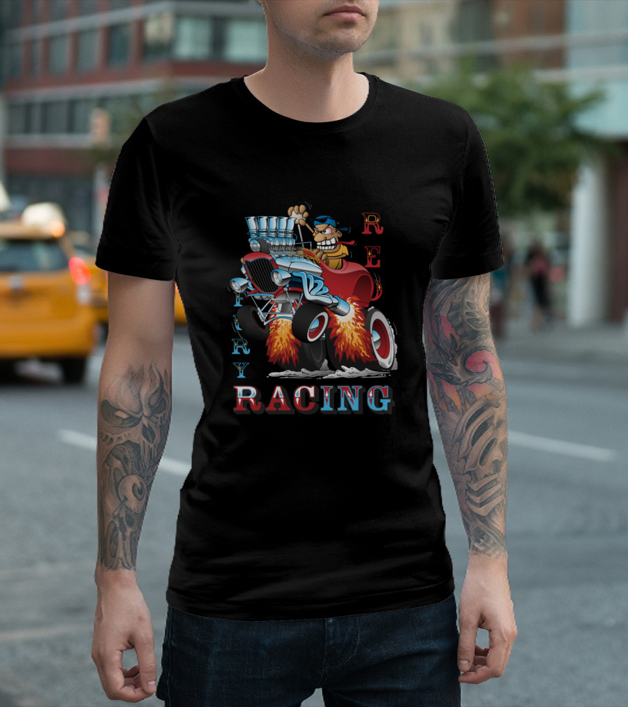 Red Fury Racing Car Flame Hot Rod Cartoon T-Shirt