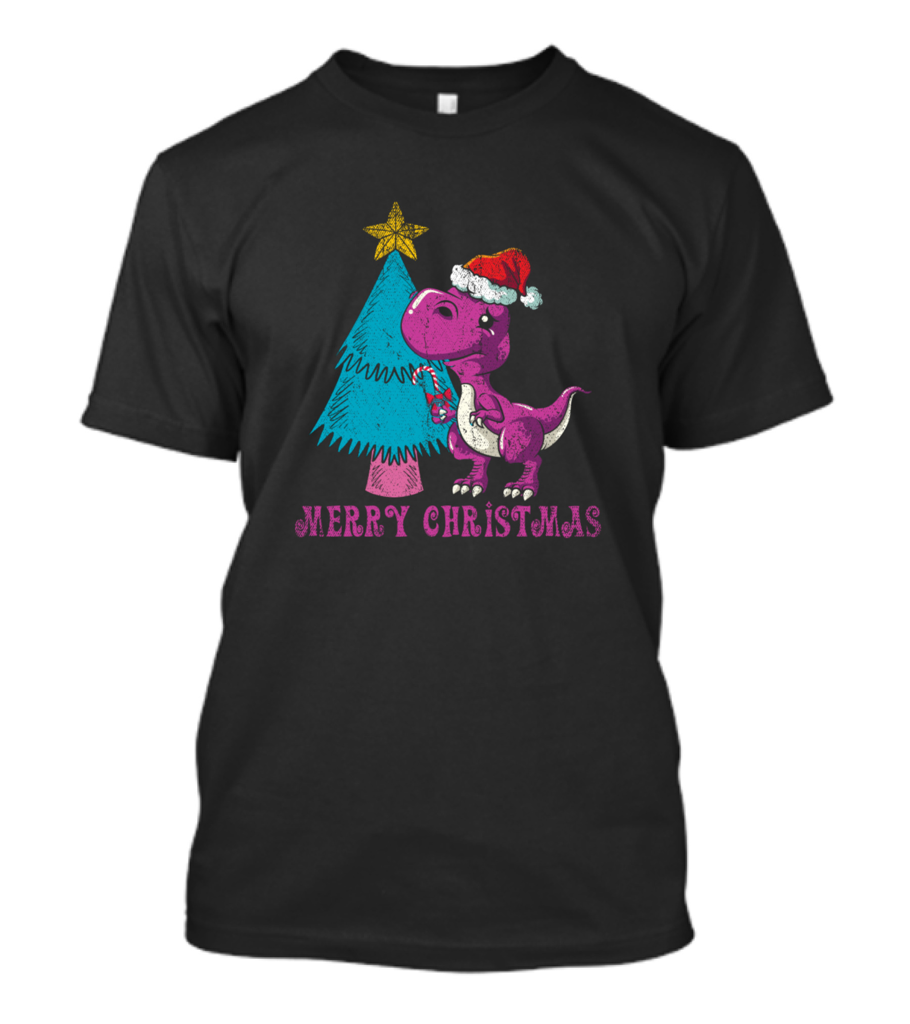 Merry Christmas T Rex Dinosaur Santa Hat Christmas Tree Star T-Shirt