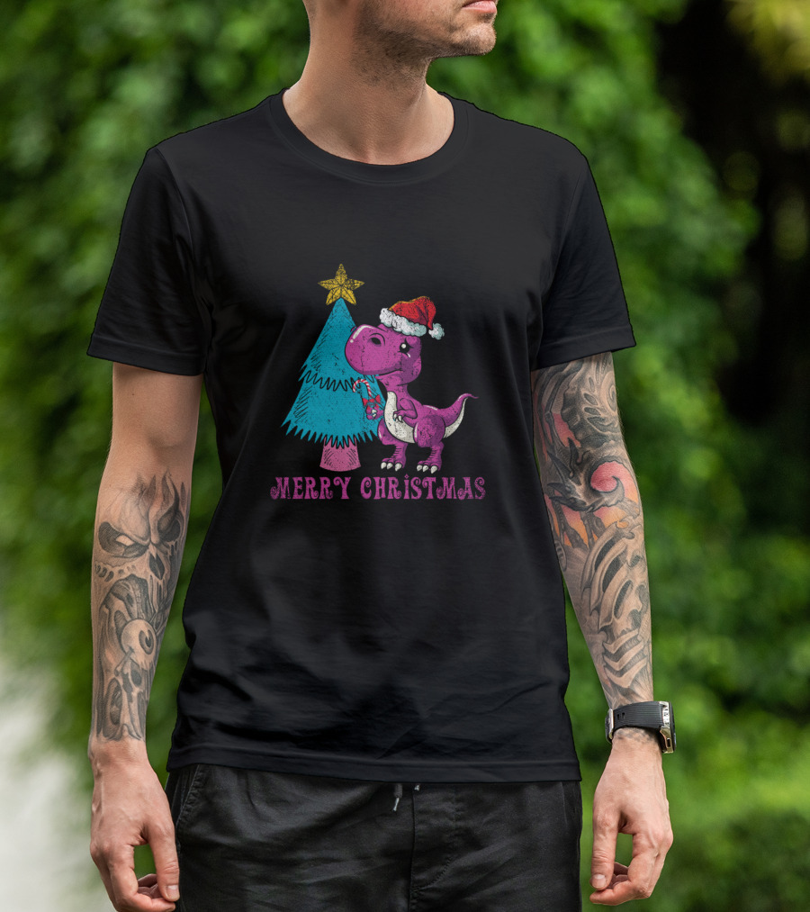Merry Christmas T Rex Dinosaur Santa Hat Christmas Tree Star T-Shirt
