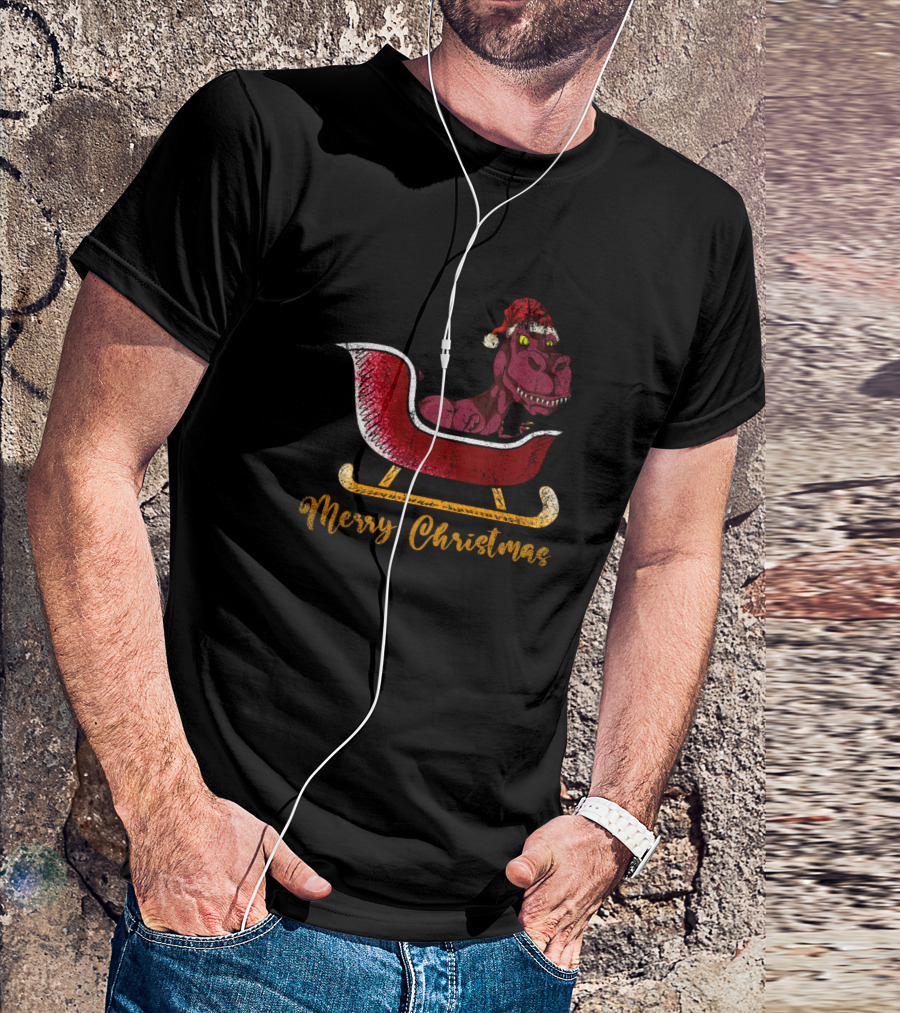 Merry Christmas Trex Dinosaur In Santa Sleigh T-Shirt