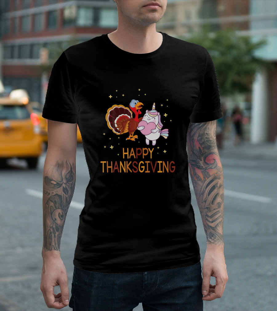 Happy Thanksgiving Unicorn and Turkey Dancing Together T-Shirt