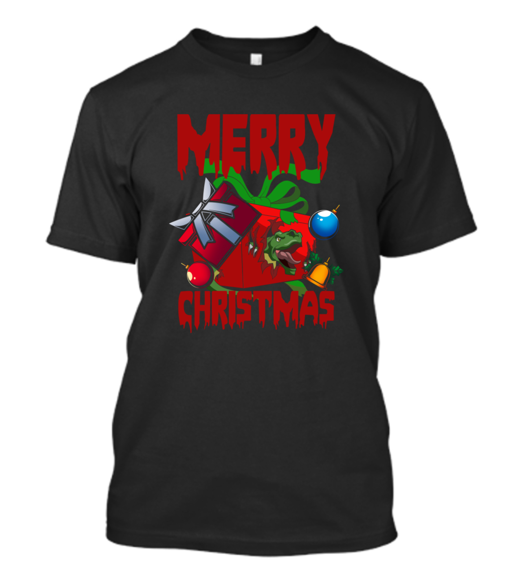 Merry Christmas Festive T-Rex In Gift Box With Ornaments T-Shirt
