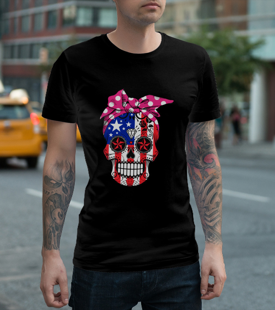 America Flag Skull With Stars And Stripes Bandana T-Shirt