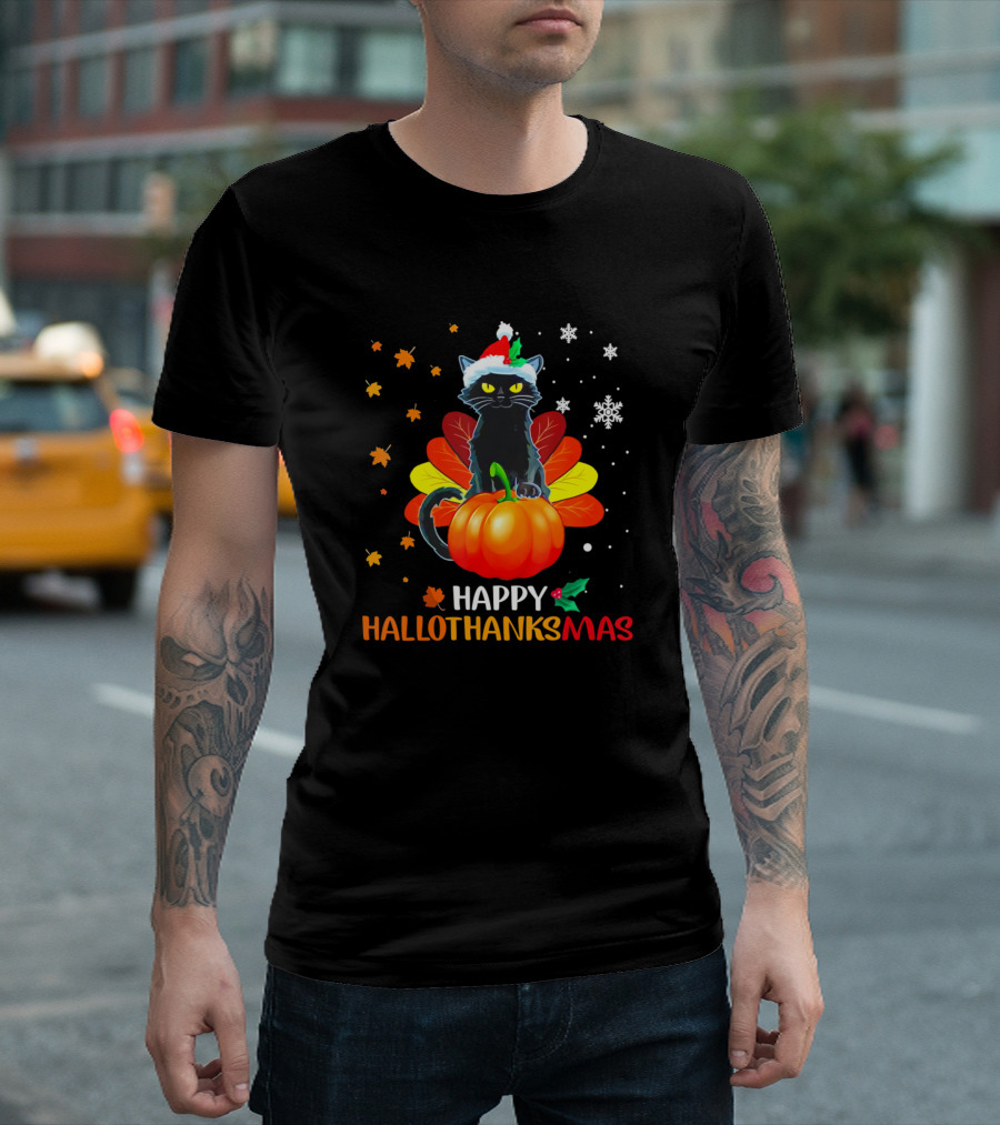 Happy Hallothanksmas Black Cat Pumpkin Snowflakes T-Shirt
