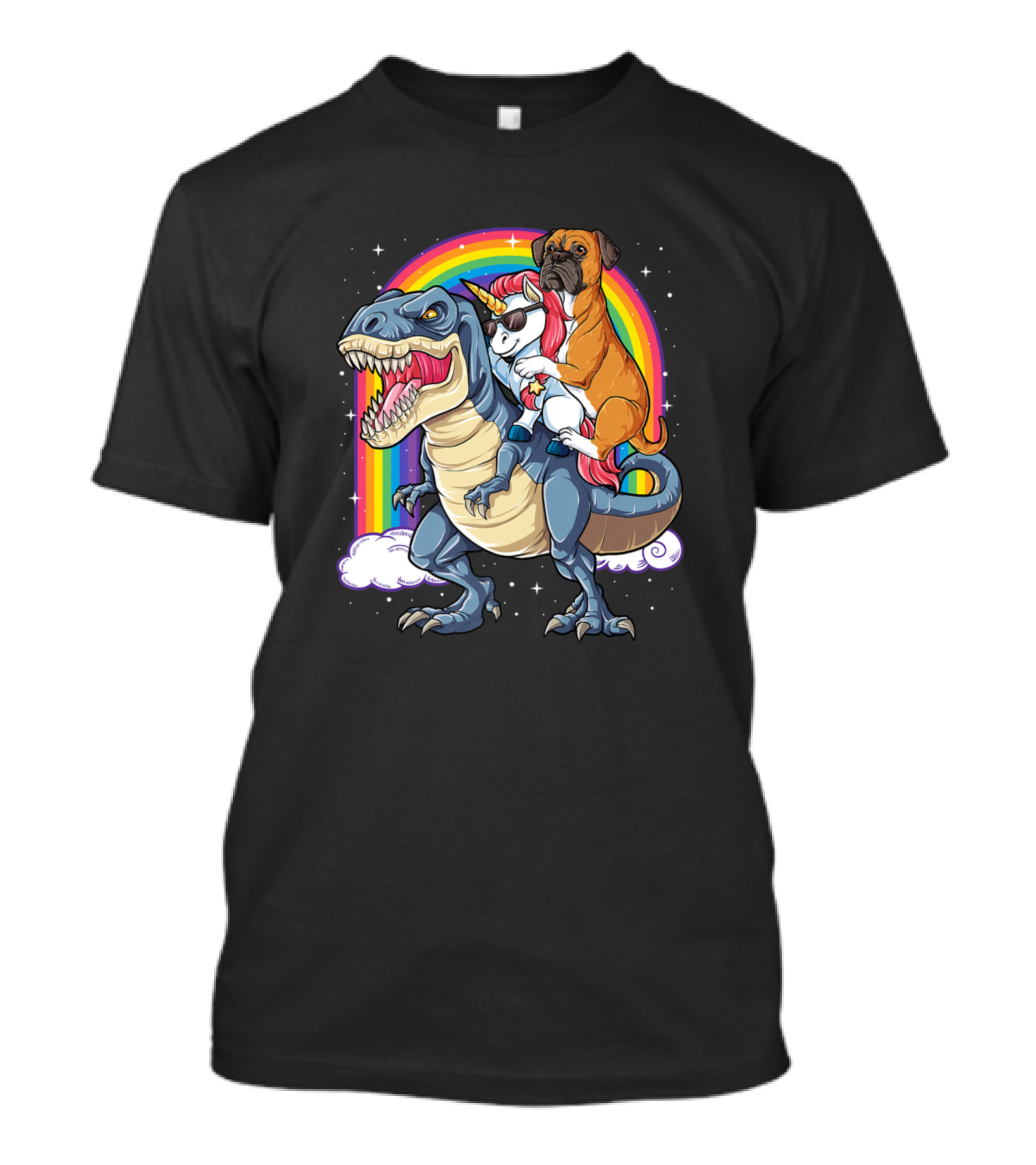 Boxer Dog And Unicorn Riding Dinosaur With Rainbow For Kids And Girls Boys T-Shirt