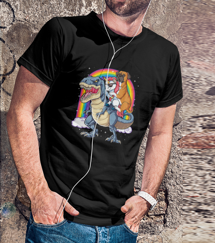 Boxer Dog And Unicorn Riding Dinosaur With Rainbow For Kids And Girls Boys T-Shirt