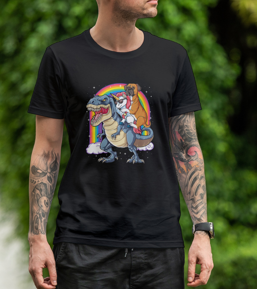Boxer Dog And Unicorn Riding Dinosaur With Rainbow For Kids And Girls Boys T-Shirt