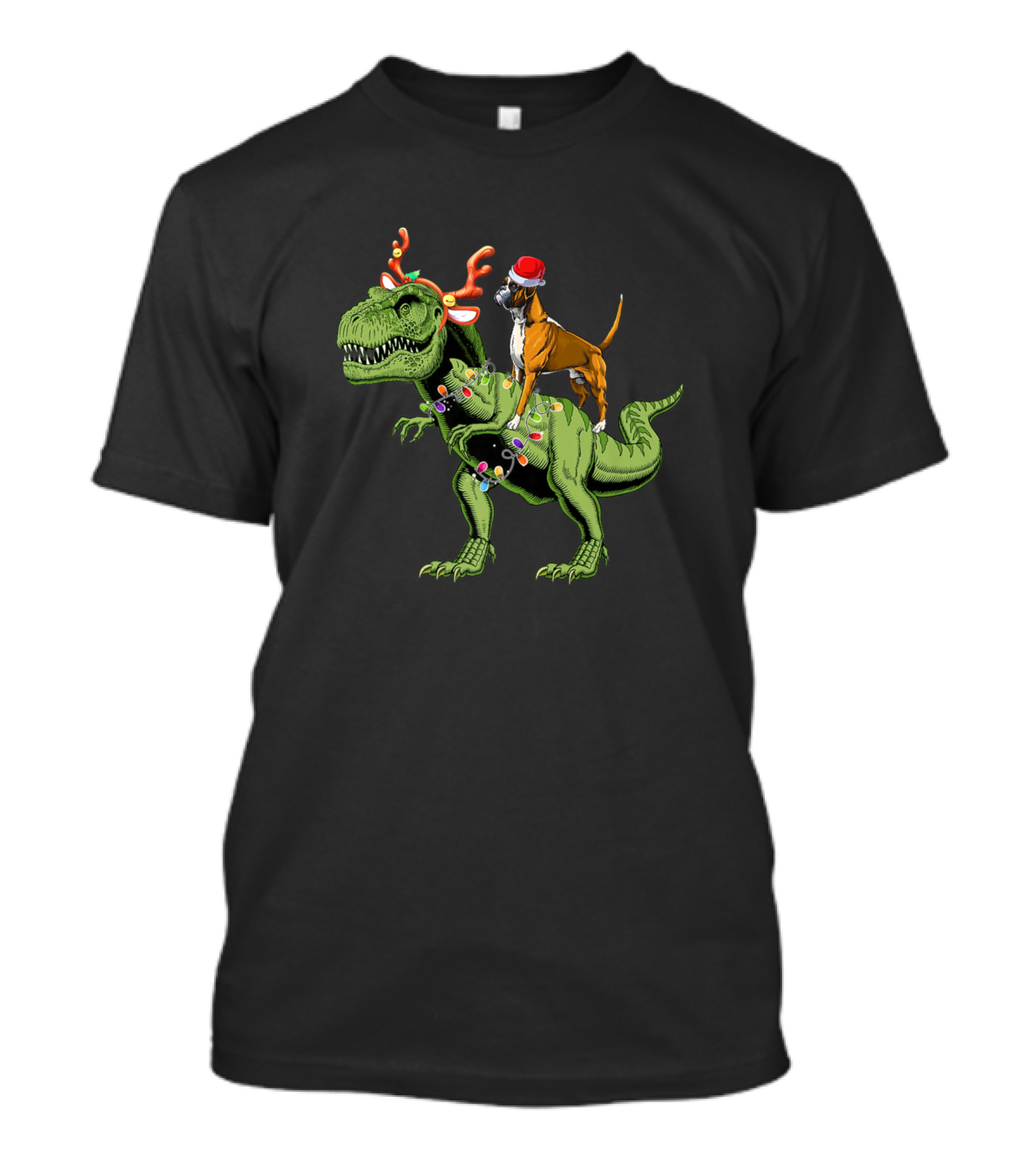 Boxer Dog With Santa Hat On T-Rex Dinosaur With Antlers And Christmas Lights T-Shirt