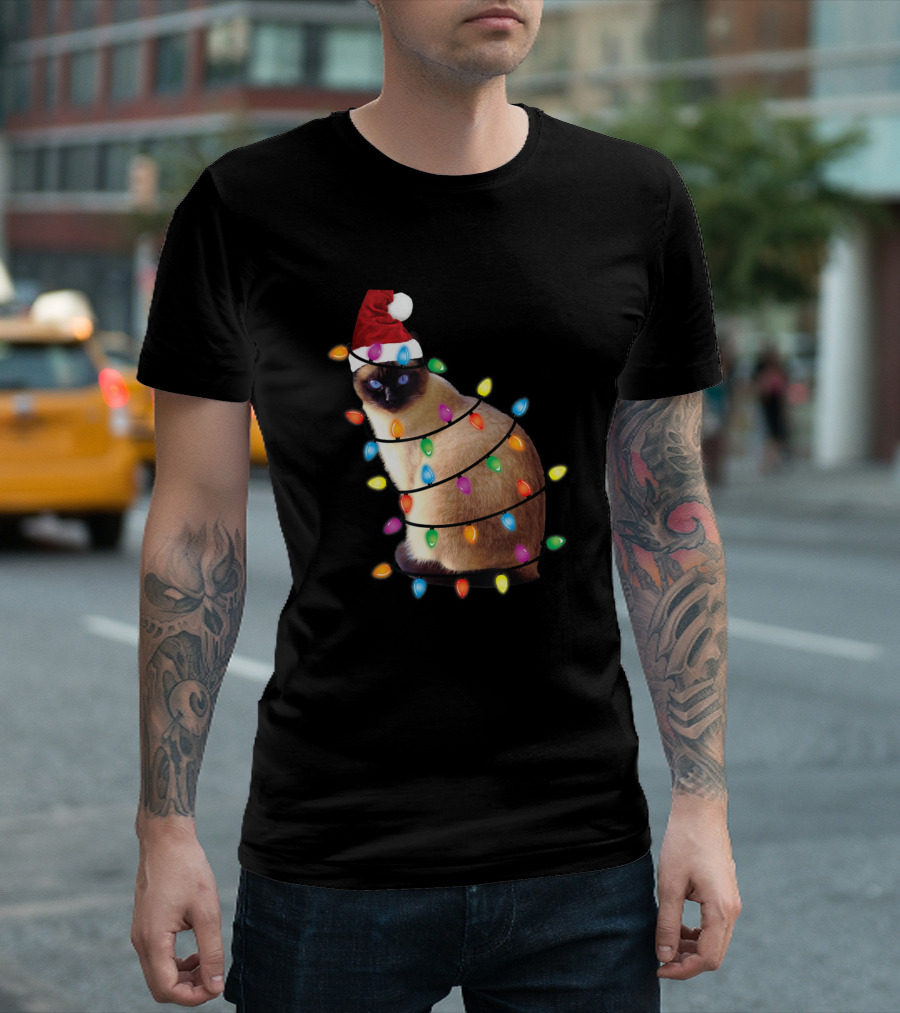 Cat Christmas Lights Santa Hat Lover T-Shirt