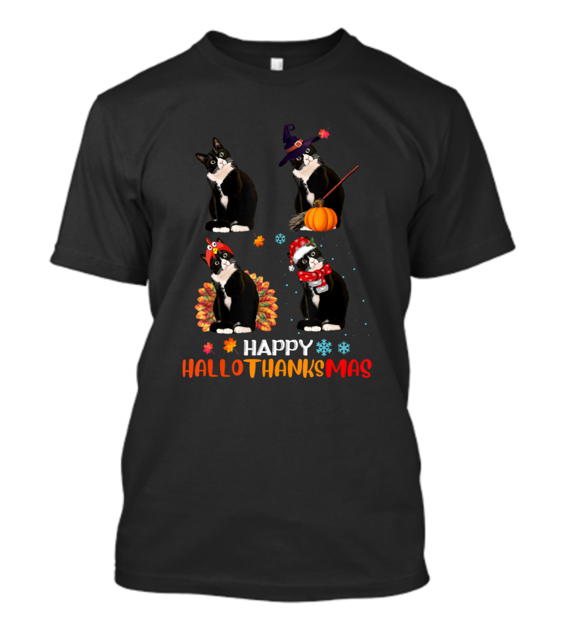 Happy Hallothanksmas Cats In Halloween, Thanksgiving, And Christmas Themes T-Shirt