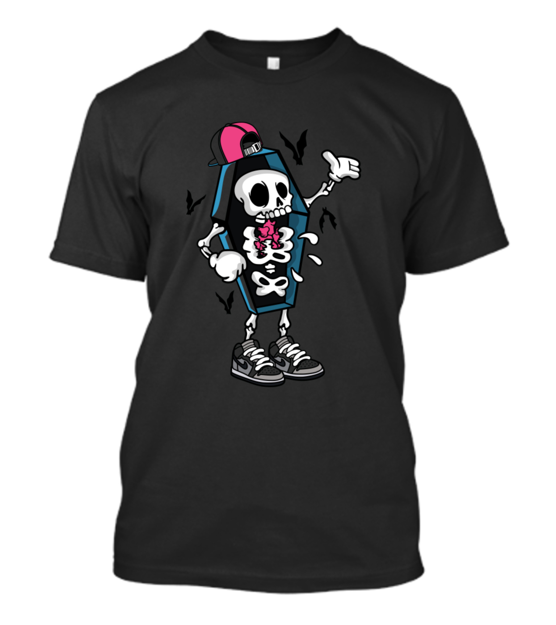 Coffin Skull Cartoon Skeleton With Pink Hat And Bats T-Shirt