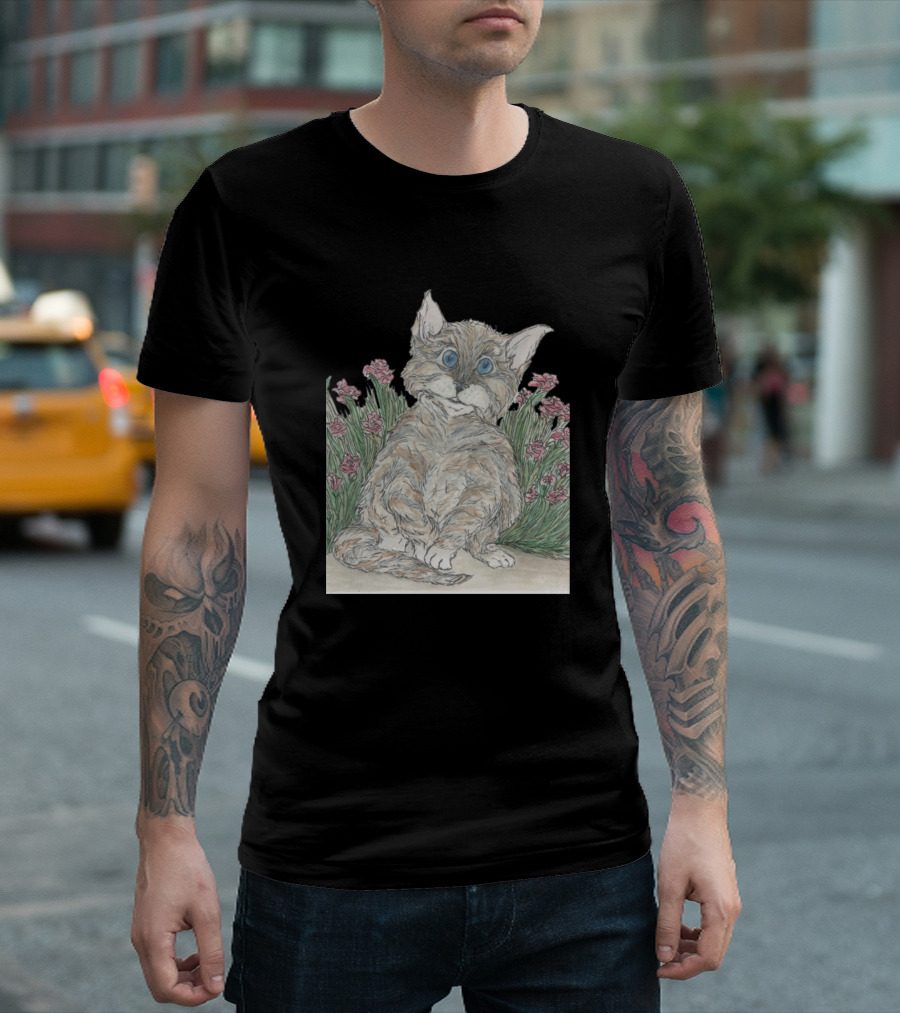 Curious Kitty Surrounded by Flowers with Big Blue Eyes T-Shirt