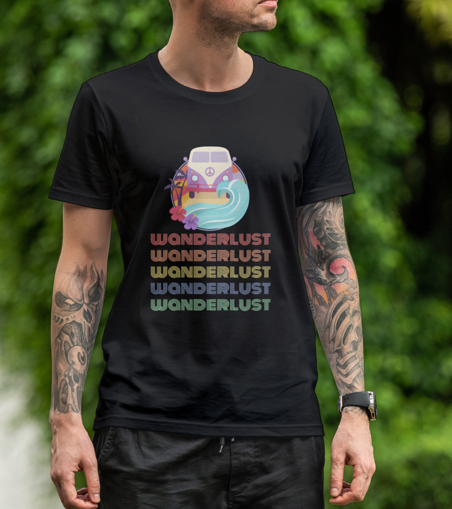 Wanderlust Hippie Retro Van With Peace Symbol And Tropical Beach Waves T-Shirt