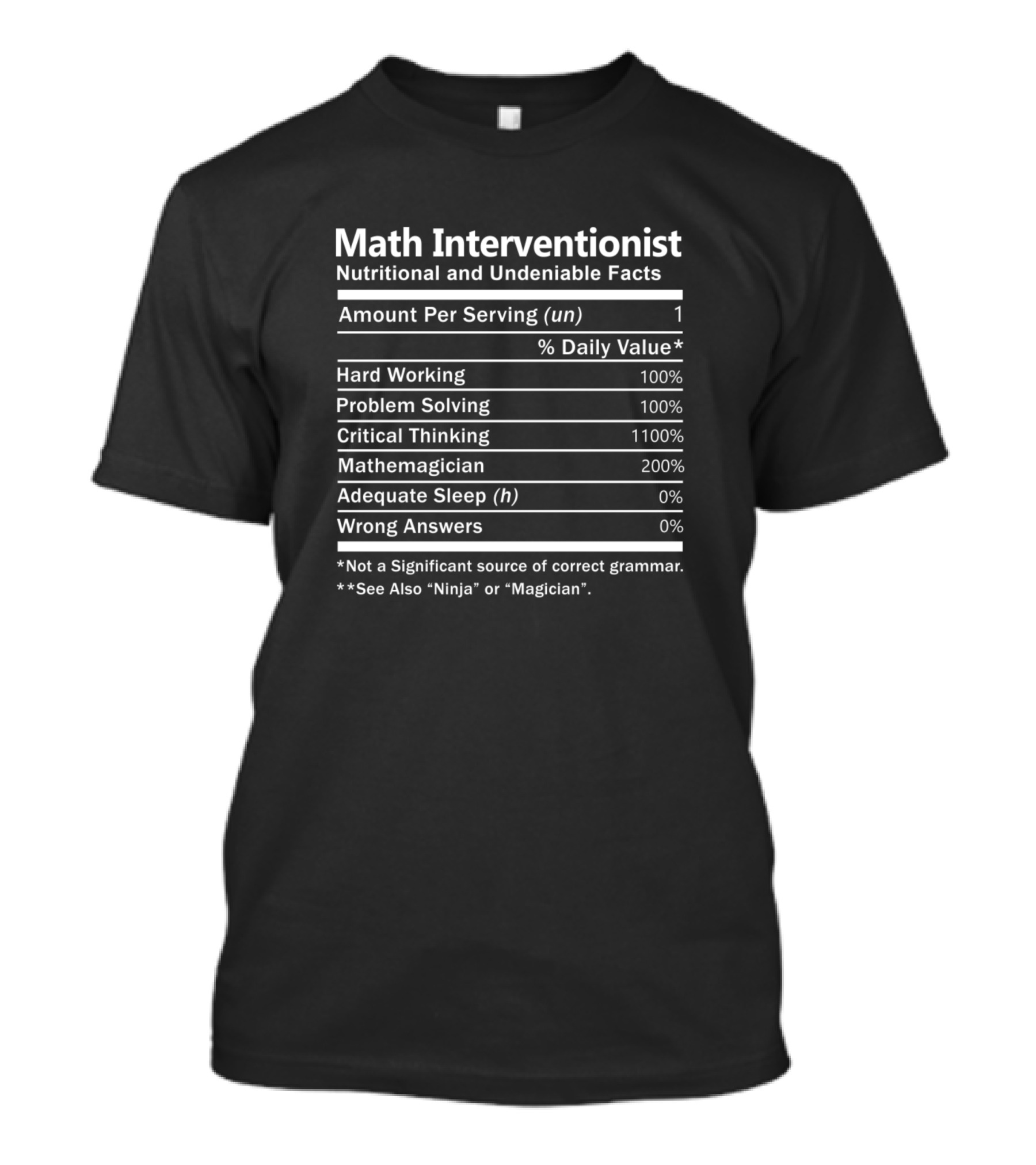 Math Interventionist Nutritional And Undeniable Facts: Hard Working, Problem Solving, Critical Thinking, Mathemagician Skills T-Shirt
