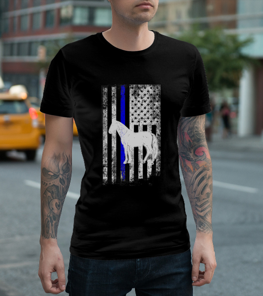 Mounted Patrol Police Horse Thin Blue Line American Flag T-Shirt