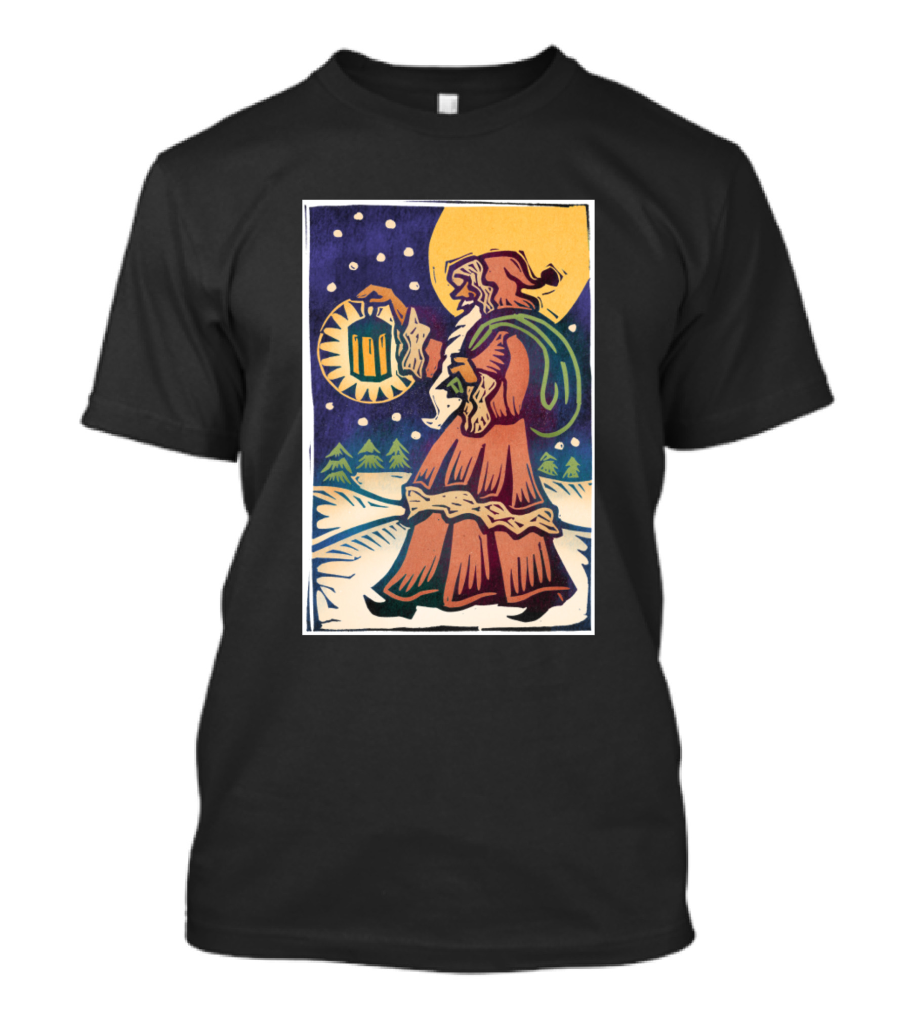 Santa Carrying Lantern In Winter Night Scene T-Shirt