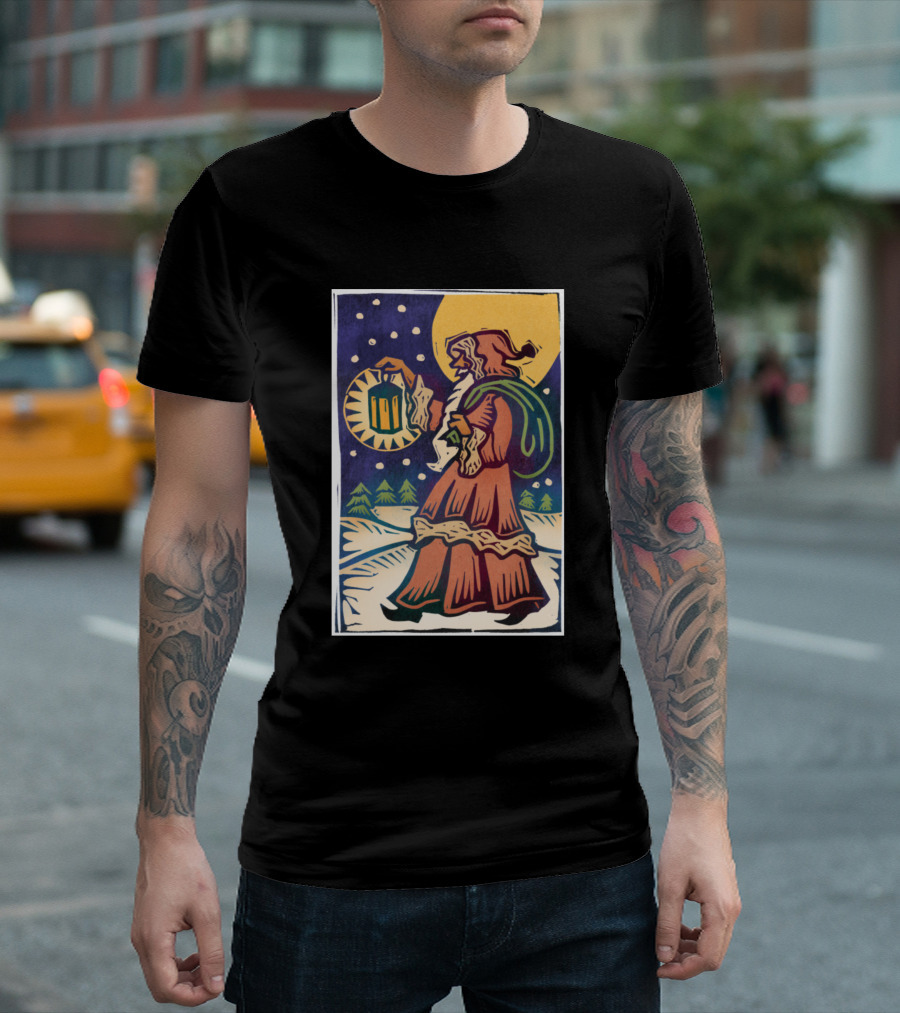 Santa Carrying Lantern In Winter Night Scene T-Shirt