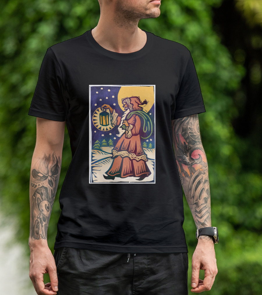 Santa Carrying Lantern In Winter Night Scene T-Shirt