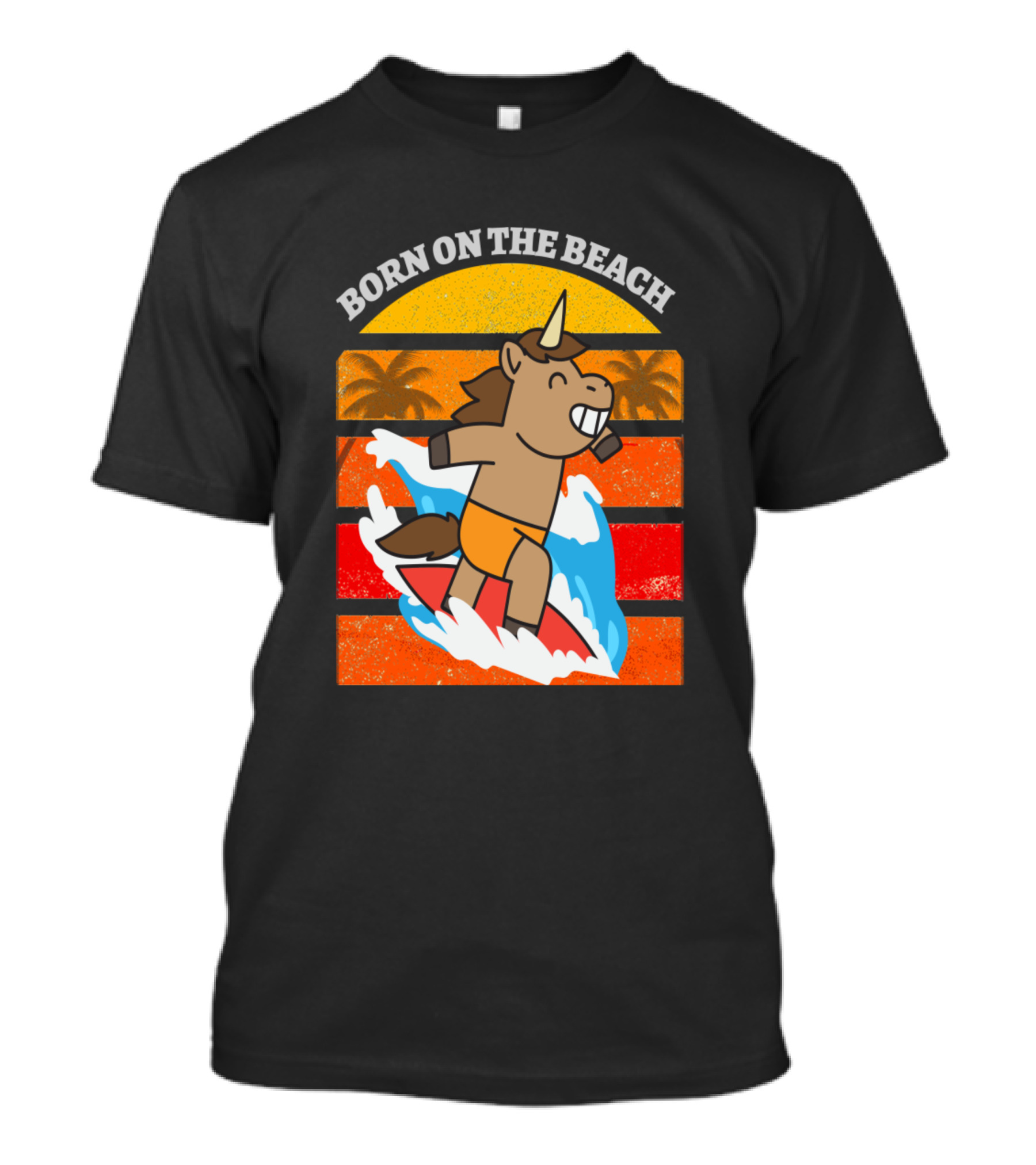 Born On The Beach Unicorn Surfer Retro Sunset Ocean Waves T-Shirt
