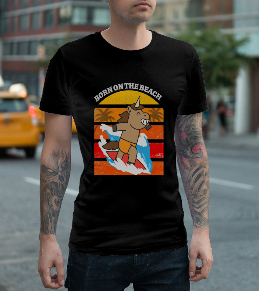 Born On The Beach Unicorn Surfer Retro Sunset Ocean Waves T-Shirt