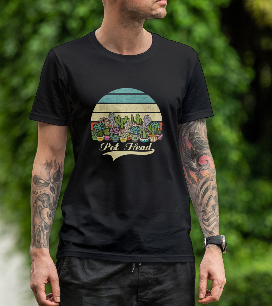 Vintage Striped Cactus Pot Head Succulent And Cactus Lover T-Shirt